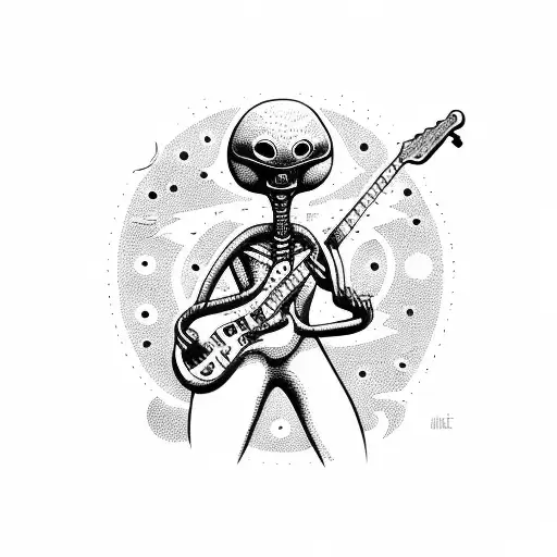 Alien playing guitar on a cosmic stage tattoo design idea