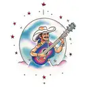cowboy playing a guitar under a UFO-filled sky tattoo design idea