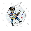 cowboy playing a guitar under a UFO-filled sky tattoo design idea