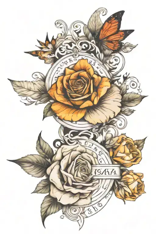 An arm band tattoo incorporating names Maya Ella and Masha tattoo design idea