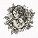 A dotwork tattoo of a mother and child surrounded by a border of roses, symbolizing the bond and protection of motherhood tattoo design idea