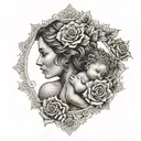 A dotwork tattoo of a mother and child surrounded by a border of roses, symbolizing the bond and protection of motherhood tattoo design idea