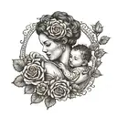 A dotwork tattoo of a mother and child surrounded by a border of roses, symbolizing the bond and protection of motherhood tattoo design idea