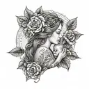 A dotwork tattoo of a mother and child surrounded by a border of roses, symbolizing the bond and protection of motherhood tattoo design idea