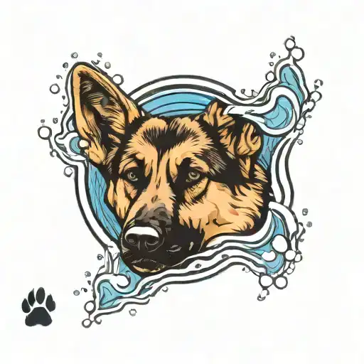 paw print with a picture of a German Shepard inside the paw print with water ripples around the paw print tattoo design idea