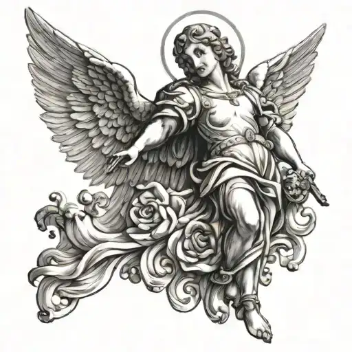 Archangel Gabriel protecting a cherub renaissance style  tattoo design idea