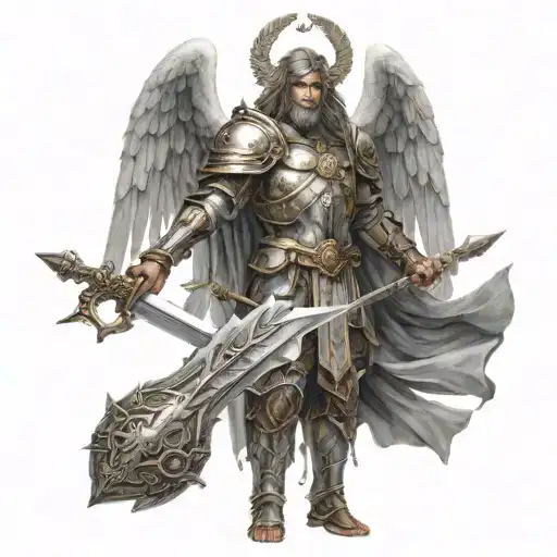 Guardian, angel, and armor holding a sword tattoo design idea