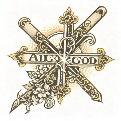 cross with sunbeams that says " all glory too god" in cursive tattoo design idea
