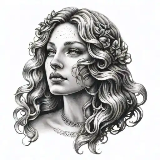A detailed portrait of Aphrodite with intricate dotwork shading tattoo design idea