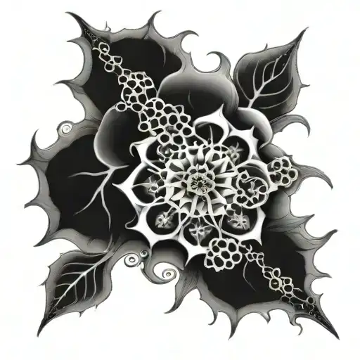 An intricate design of a virus molecule morphing into a beautiful flower, representing the duality of life and death tattoo design idea