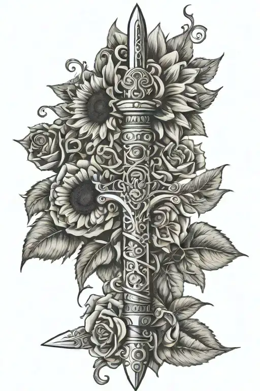 sunflower ponsettia and rose wrapped around roman sword with vines   tattoo design idea