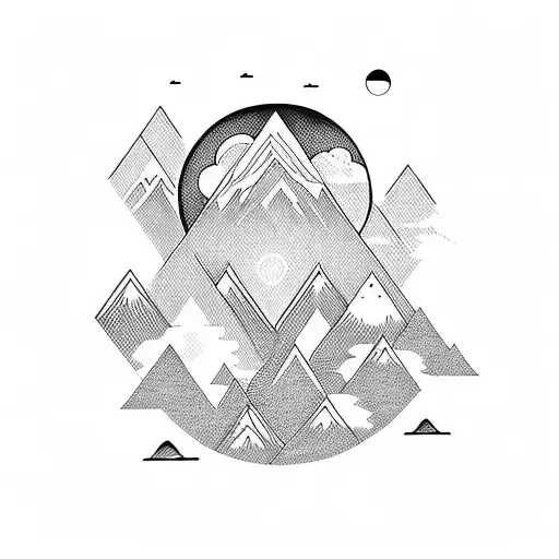 a black fine line woman silhouette with mountains, rivers, waterfalls, trees, healing tattoo design idea