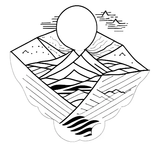 a black fine line woman silhouette with mountains, rivers, waterfalls, trees, healing tattoo design idea