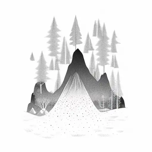 a black fine line woman silhouette with mountains, rivers, waterfalls, trees, healing tattoo design idea