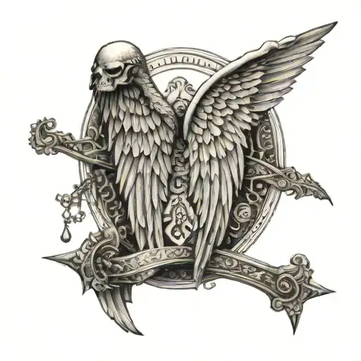 A trading scale with an angel wing on one side and a devil wing on the other tattoo design idea