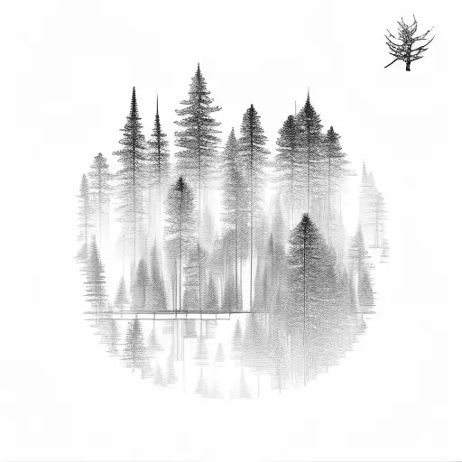 A minimalist tattoo of a serene forest landscape with a hidden blueprint of a civil engineering structure integrated into the trees tattoo design idea