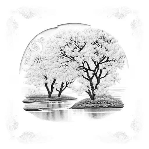 A detailed blackwork tattoo of a vibrant spring landscape with blooming flowers and a flowing river, incorporating elements of civil engineering like a suspension bridge or a towering skyscraper. tattoo design idea