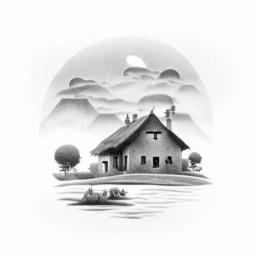 A black-grey tattoo depicting a picturesque countryside scene with a charming farmhouse from the client's favorite sitio, surrounded by lush greenery, a meandering river, and a beautiful sunset sky. tattoo design idea