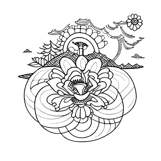 A detailed blackwork tattoo of a vibrant spring landscape with blooming flowers and a flowing river, incorporating elements of civil engineering like a suspension bridge or a towering skyscraper. tattoo design idea