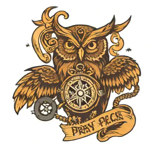 Silhouette of an angry owl holding a compass and a sword with the phrase "pray for peace but prepare for war" tattoo design idea
