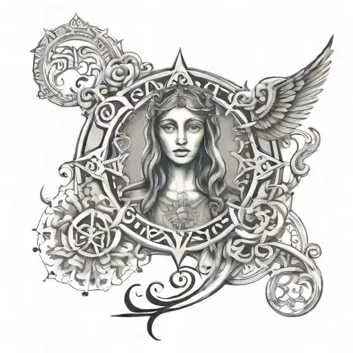 A mystical gnostic symbol intertwined with a black and grey portrait of your children, Fatima and Lazaro tattoo design idea