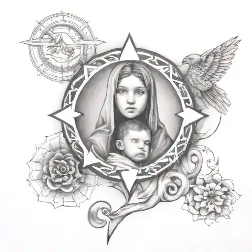A mystical gnostic symbol intertwined with a black and grey portrait of your children, Fatima and Lazaro tattoo design idea