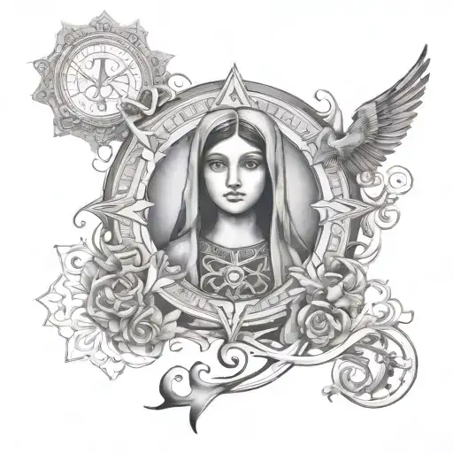 A mystical gnostic symbol intertwined with a black and grey portrait of your children, Fatima and Lazaro tattoo design idea