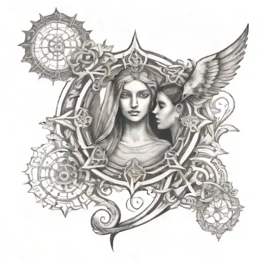A mystical gnostic symbol intertwined with a black and grey portrait of your children, Fatima and Lazaro tattoo design idea