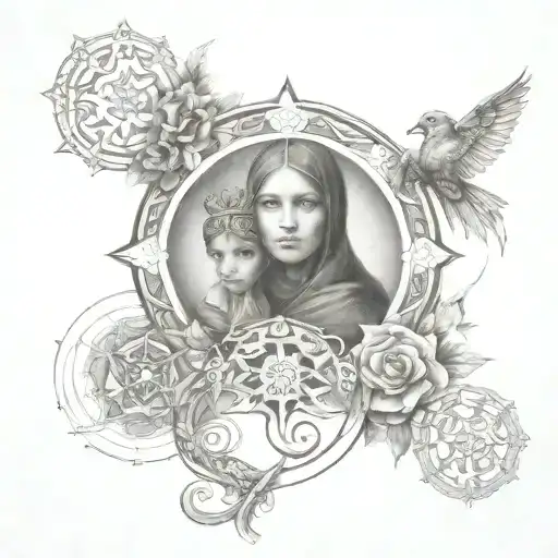 A mystical gnostic symbol intertwined with a black and grey portrait of your children, Fatima and Lazaro tattoo design idea