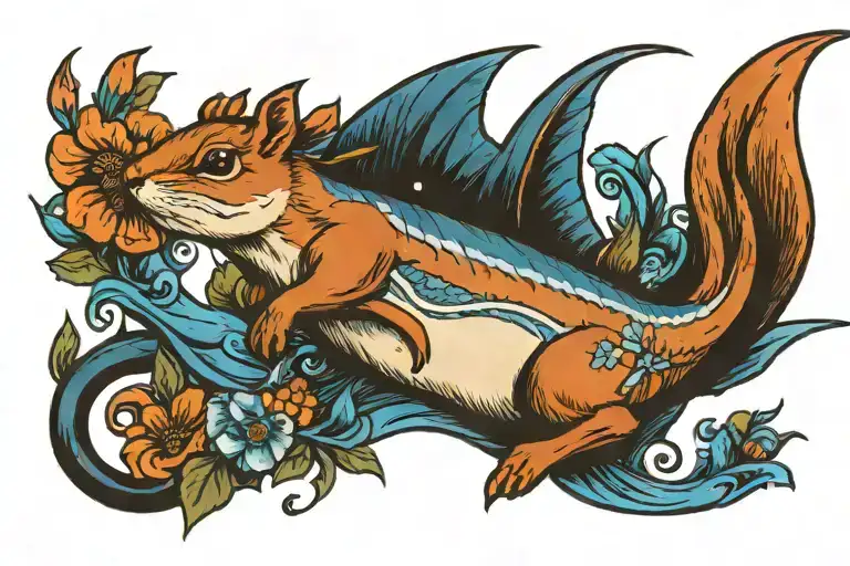squirrel writing a marlin swordfish, illustrated with bright blue and bright orange colors and featuring aquatic flowers tattoo design idea