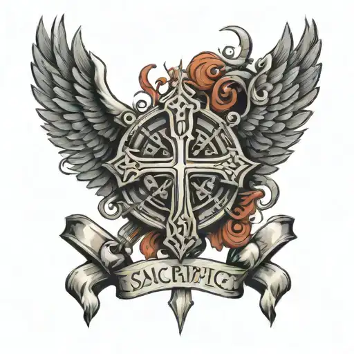 A tattoo of the Brand of Sacrifice from Berserk surrounded by Christian imagery such as crosses or praying hands tattoo design idea