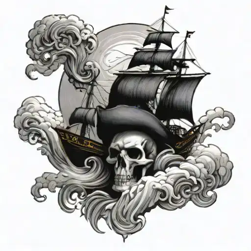 pirates, pirate ship, skull, waves, clouds surrounding tattoo design idea