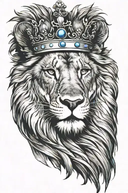 scarred lion with a crown and blue eyes  tattoo design idea
