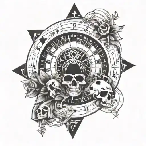 A unique interpretation of a roulette wheel, with skulls and spades and dice symbolising fate tattoo design idea