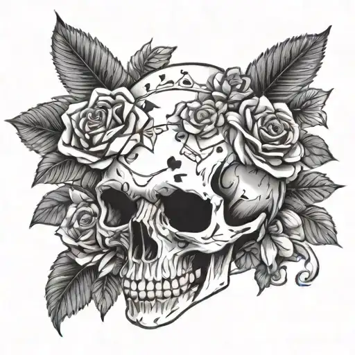 A skull surrounded by a wreath of roses, with dice and playing cards scattered around it tattoo design idea