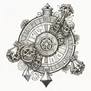 A unique interpretation of a roulette wheel, with skulls and spades and dice symbolising fate tattoo design idea