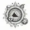 A unique interpretation of a roulette wheel, with skulls and spades and dice symbolising fate tattoo design idea