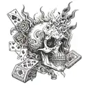 A surreal composition of a skull engulfed in flames, with dice and playing cards floating around it tattoo design idea