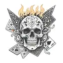 A surreal composition of a skull engulfed in flames, with dice and playing cards floating around it tattoo design idea