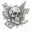 A surreal composition of a skull engulfed in flames, with dice and playing cards floating around it tattoo design idea