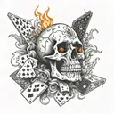 A surreal composition of a skull engulfed in flames, with dice and playing cards floating around it tattoo design idea
