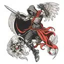 Realistic reaper warrior with angel and demon wings tattoo design idea