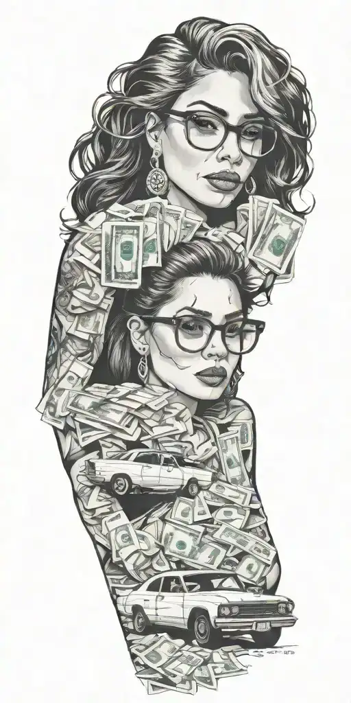 girl with glasses beach dollars car tattoo design idea