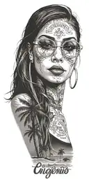 girl in glasses, below is a beach with palm trees and the inscription Los Angeles tattoo design idea