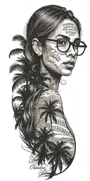 girl in glasses, below is a beach with palm trees and the inscription Los Angeles tattoo design idea