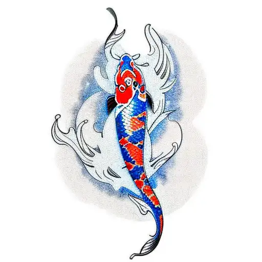 Create a realistic tattoo of a Japanese koi fish swimming through Polynesian-style waves tattoo design idea