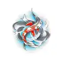 Create a realistic tattoo of a Japanese koi fish swimming through Polynesian-style waves tattoo design idea