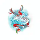 Create a realistic tattoo of a Japanese koi fish swimming through Polynesian-style waves tattoo design idea