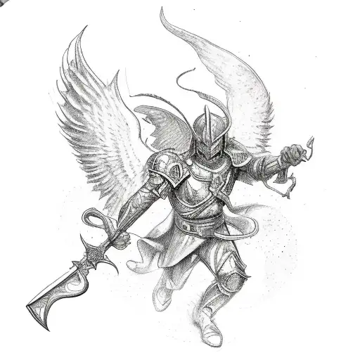 archangel with sword in the air killing devil while kneeling on him tattoo design idea