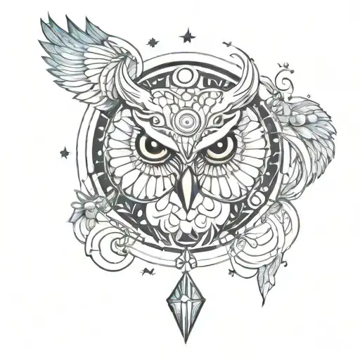A mystical tattoo design featuring an owl surrounded by gemini, aries, and cancer constellation patterns tattoo design idea